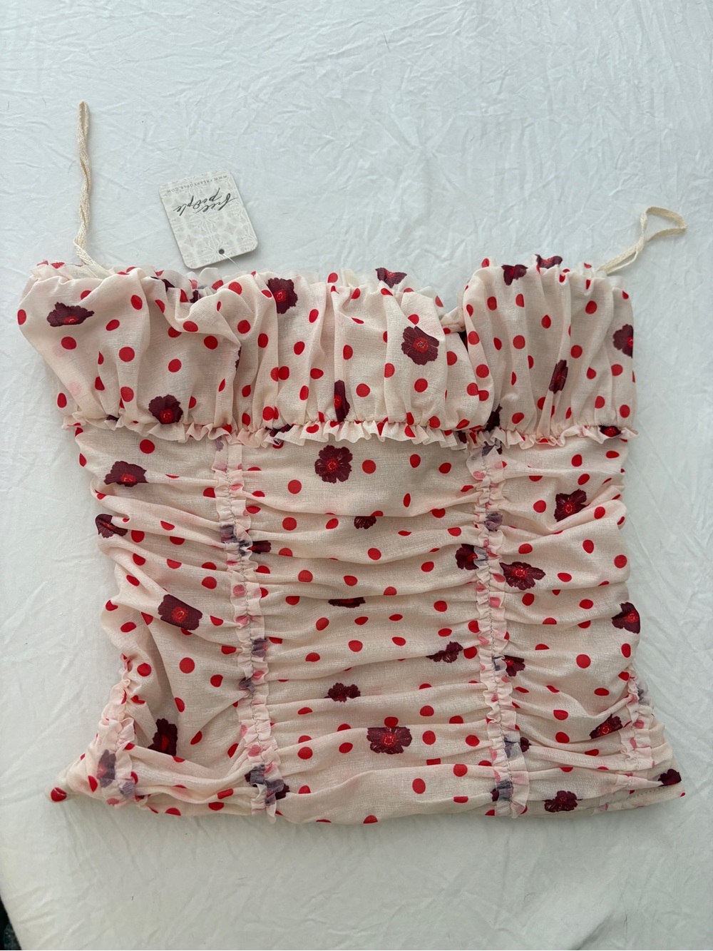 Free People Cream Ruched Tube Top with Red Polka Dots & Burgundy Floral